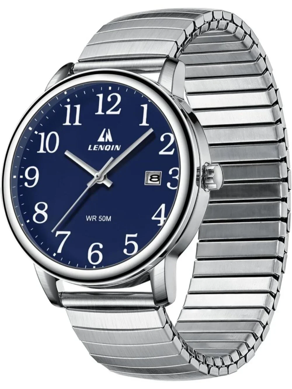 Men's Silver And Blue Analog Stainless Steel Easy Reader Waterproof Wrist Watch